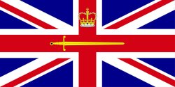 The union jack flag with a gold crown and sword