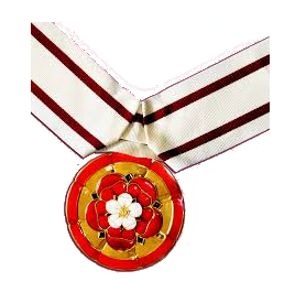 A neck badge with a white and red ribbon. The medallion is red and gold, with a white and red flower in the center.