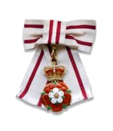 A white and red ribbon in a bow, with a Royal medallion hanging in the middle. The medallion contains a crown and a white and red flower.