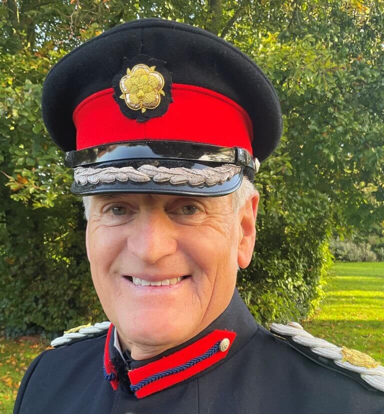 Edward (Ted) James Allen, Vice Lord-Lieutenant, wearing his uniform. He is outside on a sunny day.