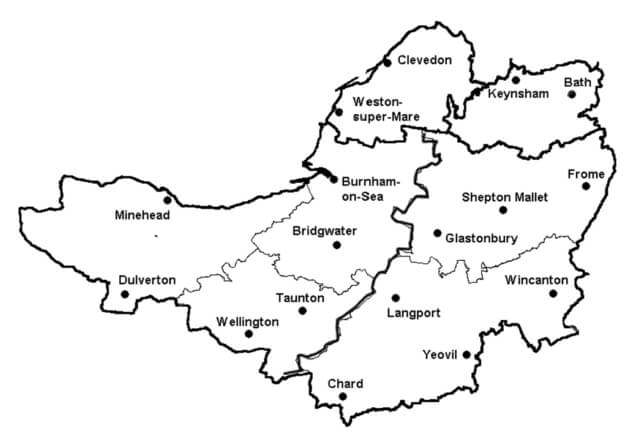 A map of Somerset with boundaries drawn to create areas for the north west, north east, west and east.